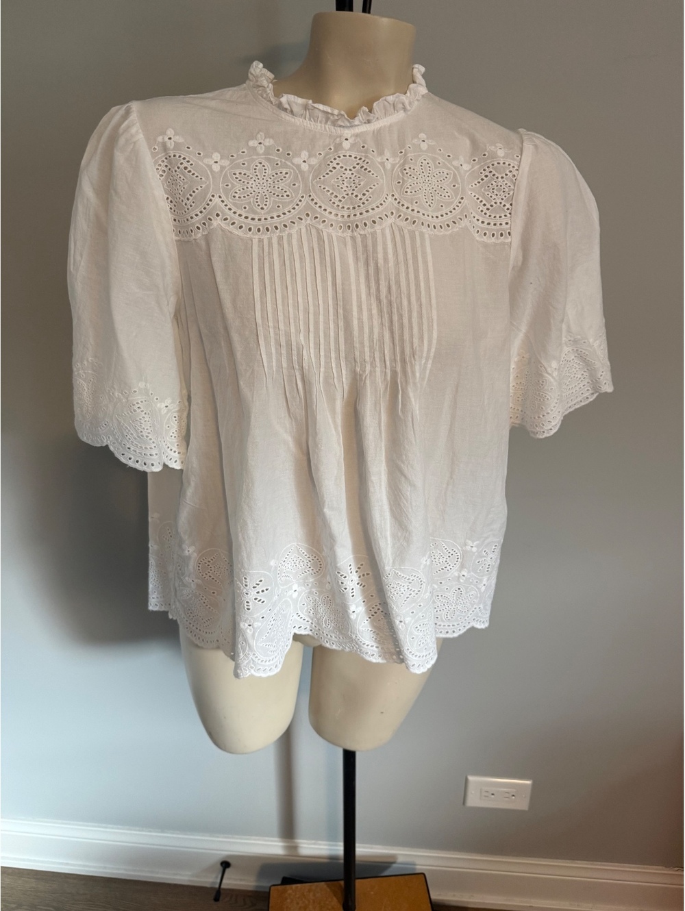 NWT Madewell White Eyelet Lace Puff Sleeve Blouse Size L